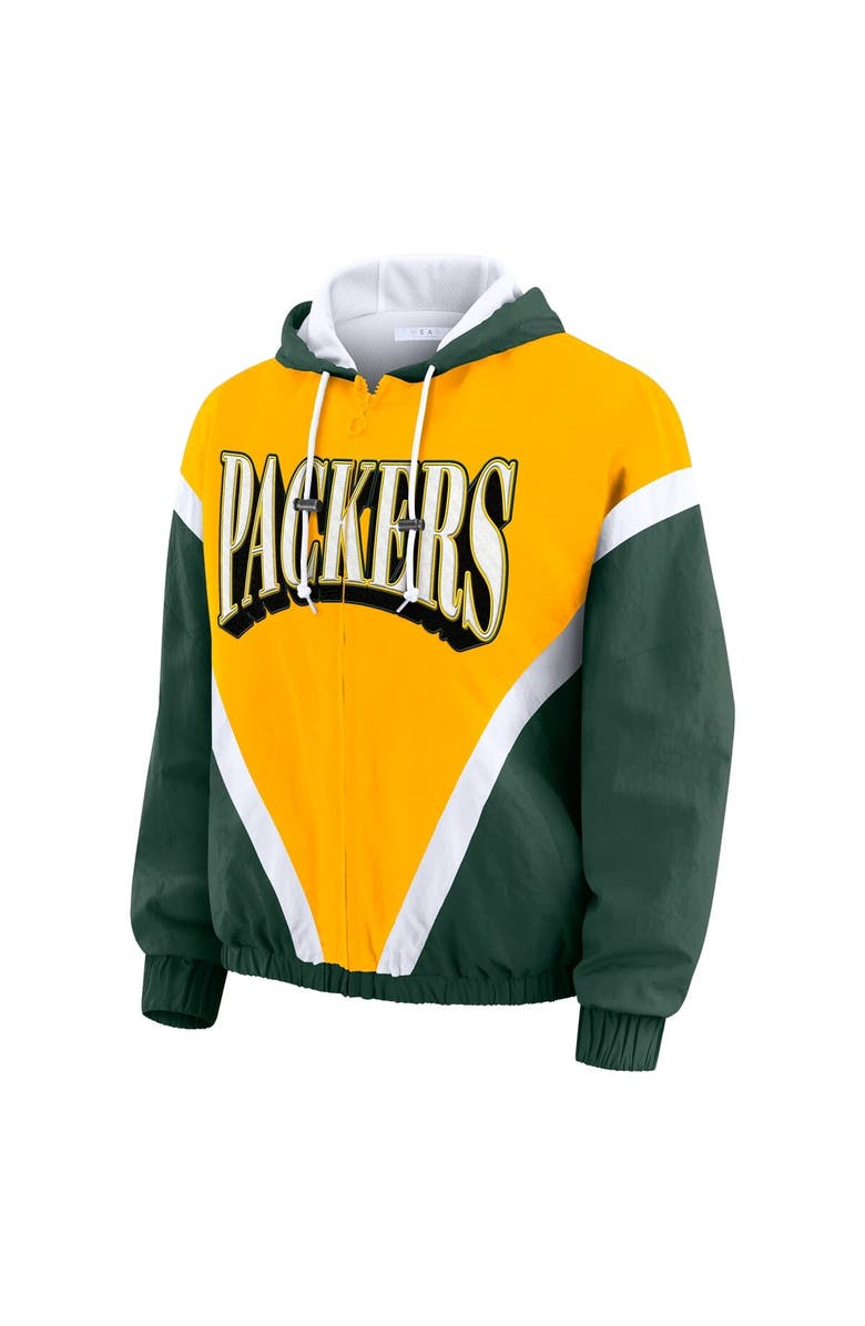 WEAR by Erin Andrews Women's WEAR by Erin Andrews Gold/Green Green Bay Packers Retro Crinkle Full-Zip Hoodie Windbreaker, Alternate, color, Gold