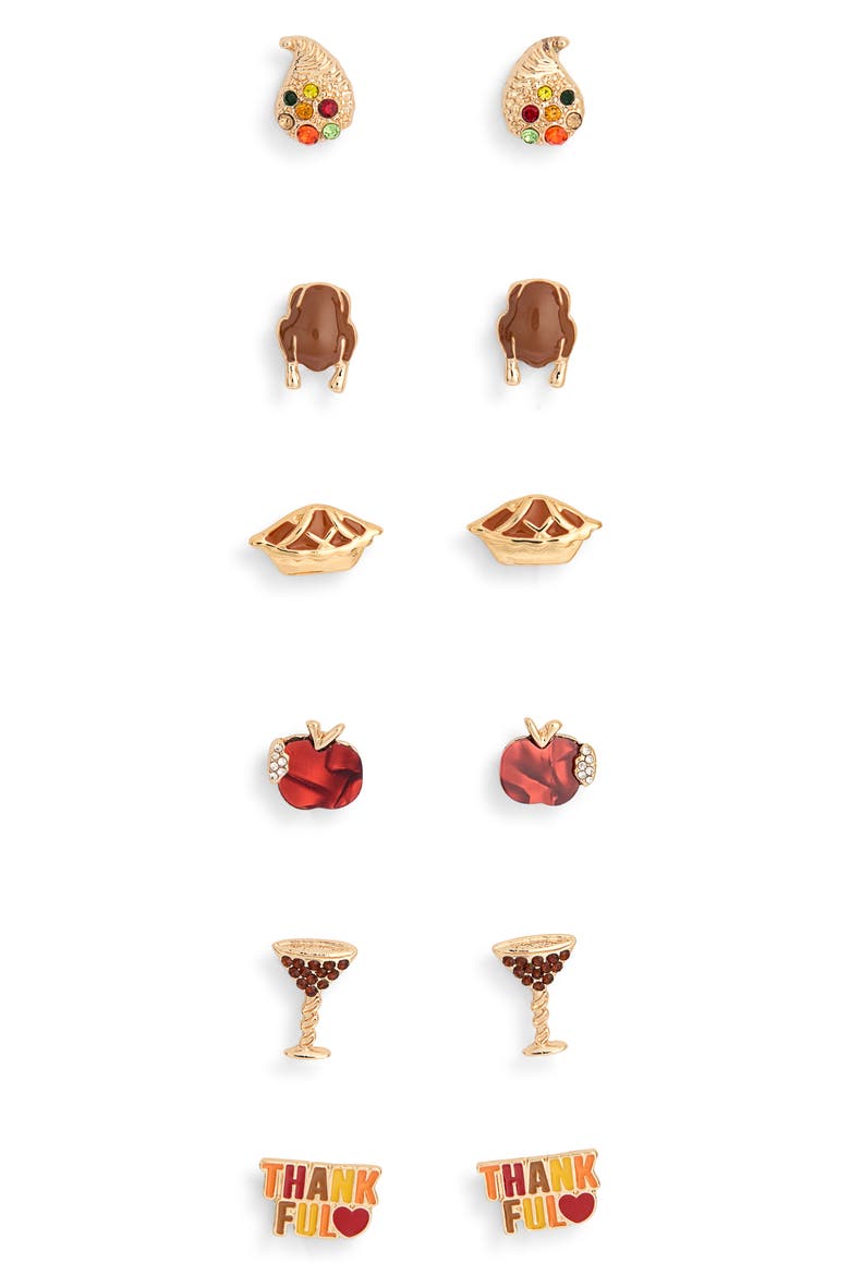 Set of 6 Fall Stud Earrings, Main, color, ORANGE MULTI- GOLD