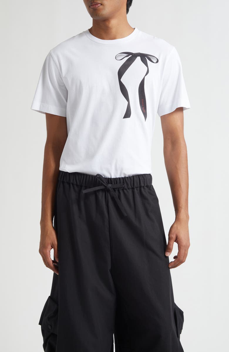 Simone Rocha Ribbon Bow Tail Trompe l'Oeil Graphic T-Shirt, Main, color, White/ Black