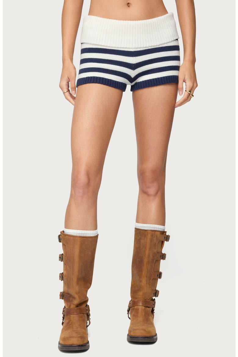 Saphi Stripe Foldover Waist Knit Shorts, Main, color, NAVY-AND-WHITE