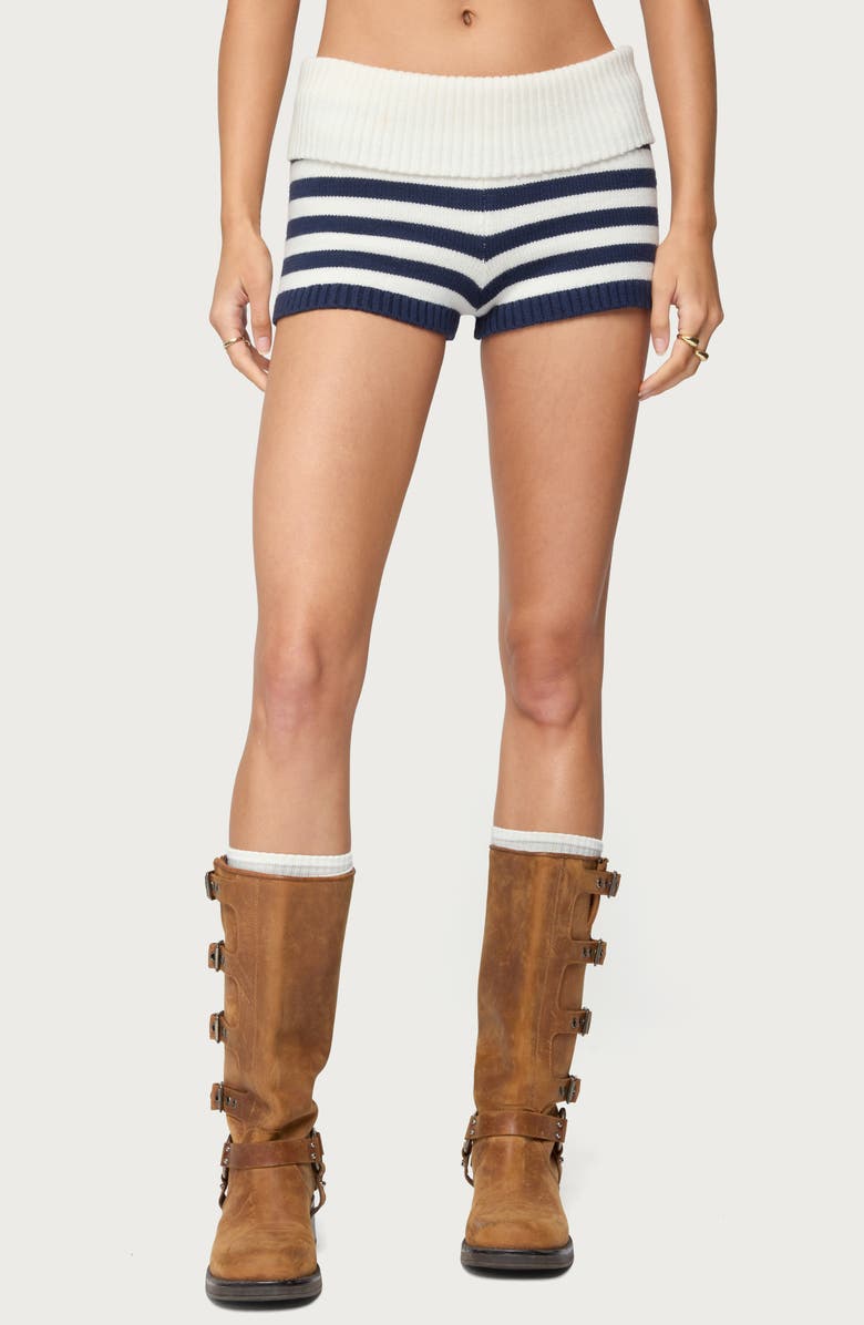 EDIKTED Saphi Stripe Foldover Waist Knit Shorts, Main, color, Navy-And-White