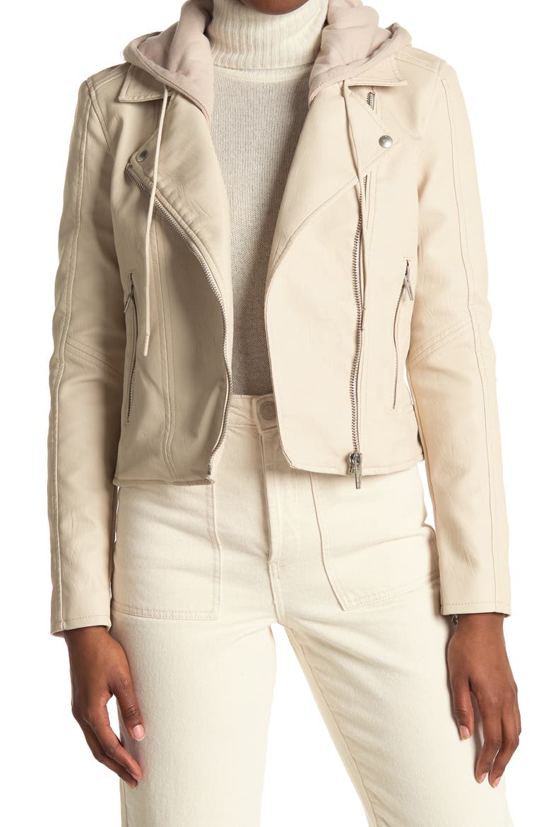 Faux Leather Hooded Crop Moto Jacket, Main, color, CHALK