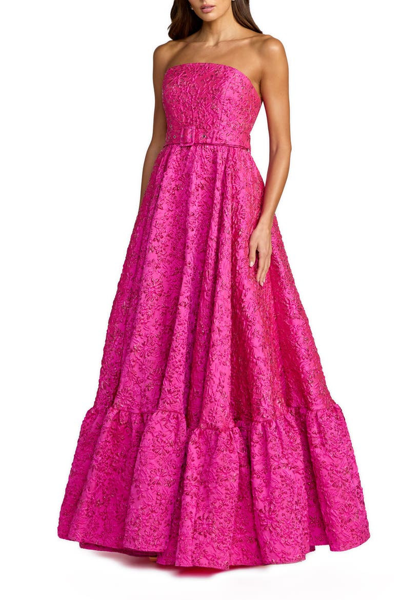 Strapless Floral Brocade Ruffle Hem Gown With Belt, Main, color, Hot Pink