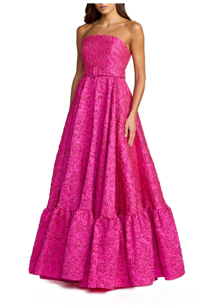 Mac Duggal Strapless Floral Brocade Ruffle Hem Gown With Belt, Main, color, Hot Pink