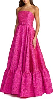 Mac Duggal Strapless Floral Brocade Ruffle Hem Gown With Belt