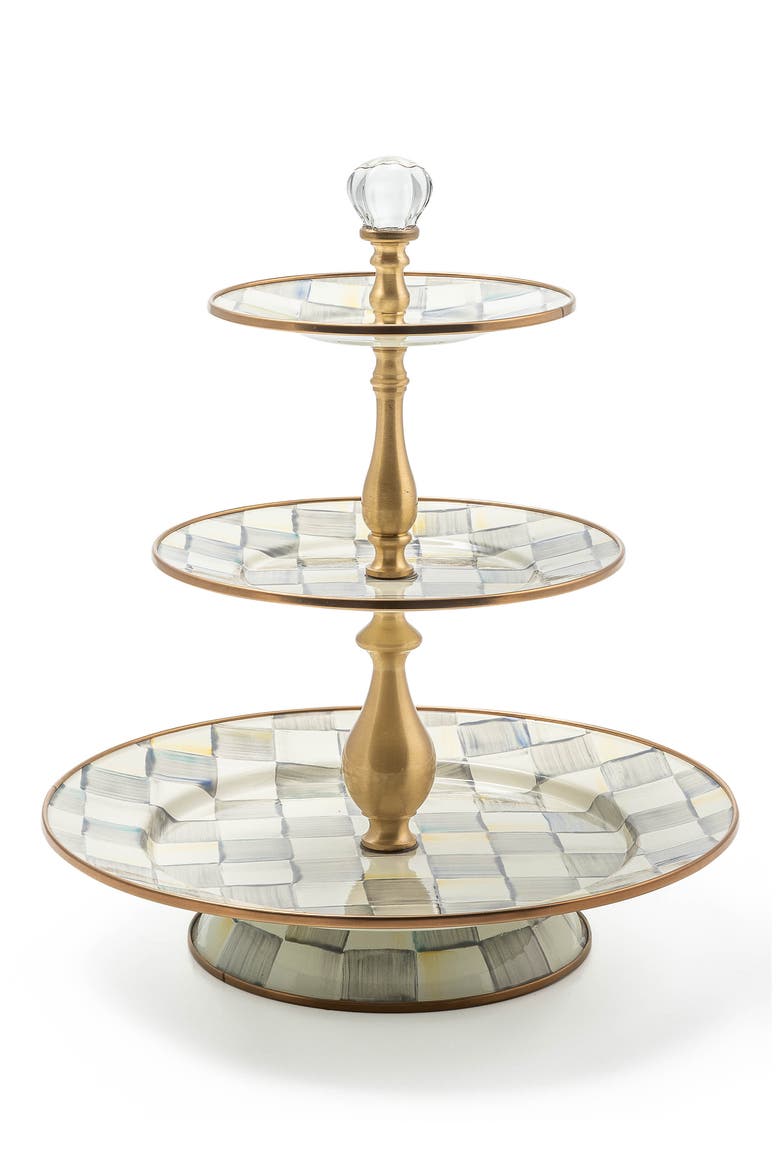 Sterling Check Three Tier Sweet Stand, Main, color, GREY/ WHITE