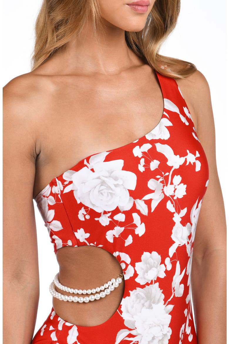 Ava Ikebana One-Shoulder Cutout One-Piece Swimsuit, Alternate, color, ROUGE