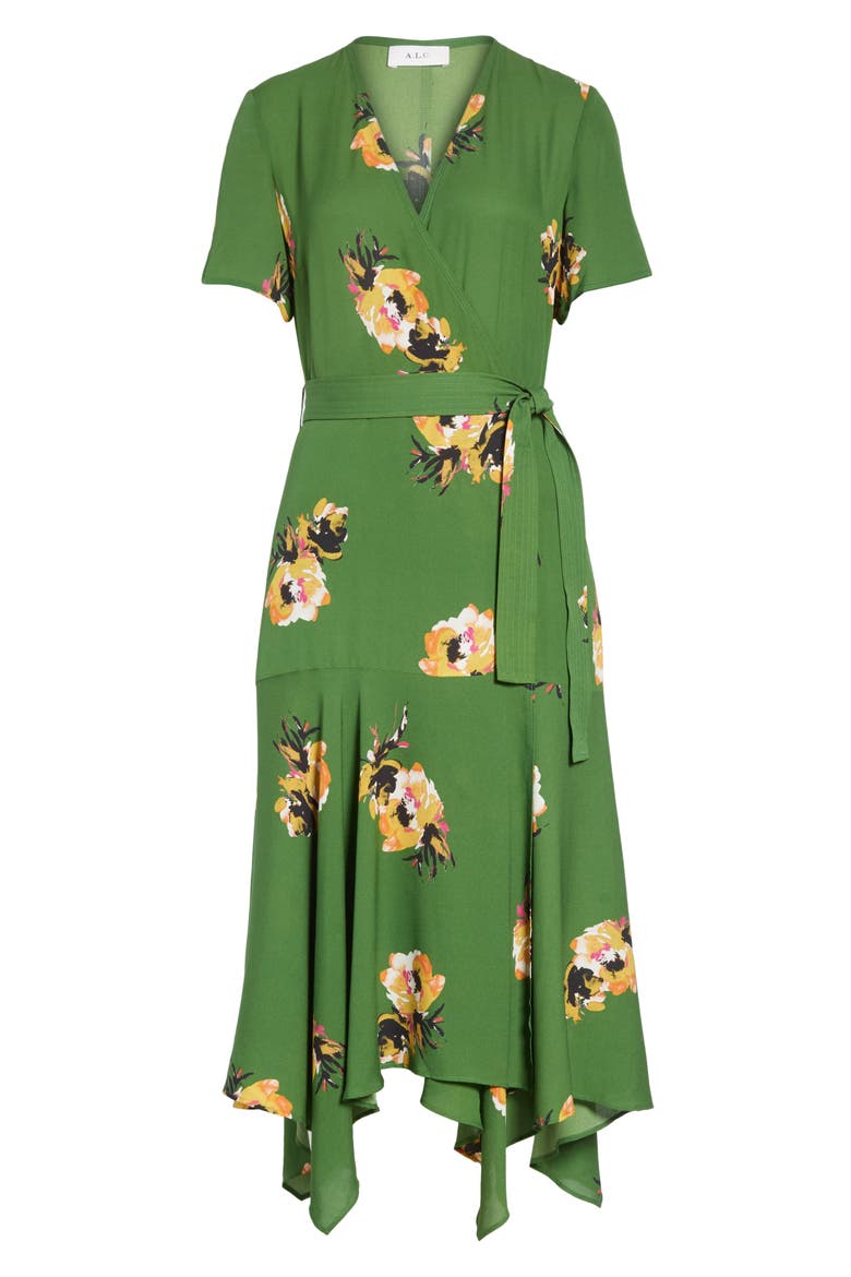 Cora Floral Print Silk Wrap Dress, Alternate, color, CACTUS/ SAFFRON