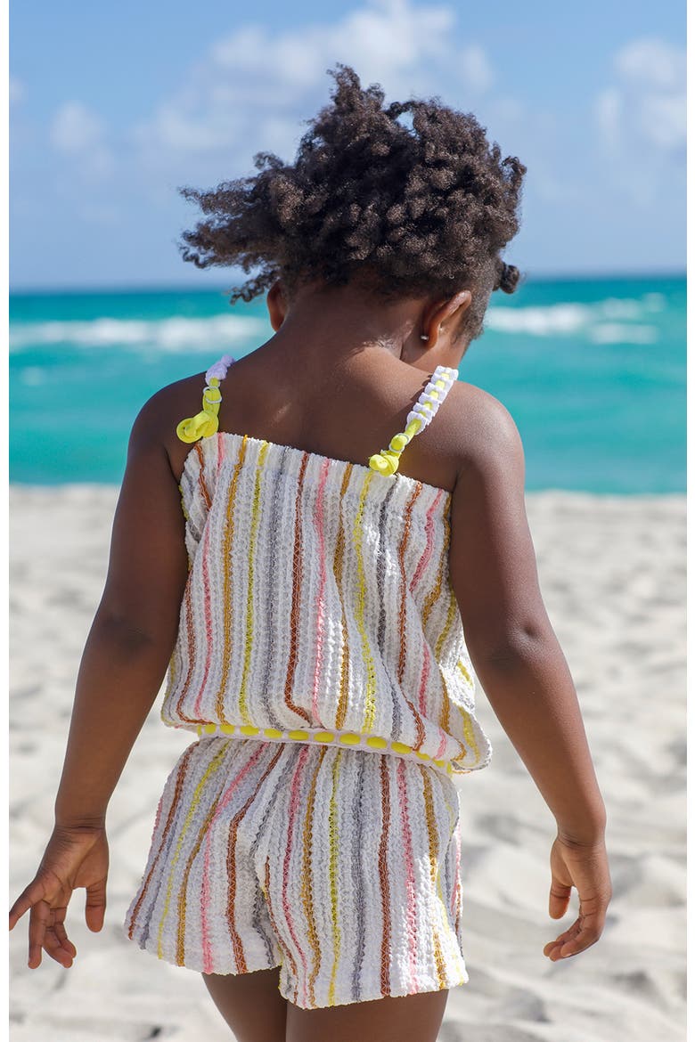Vibrant Vertical Stripe Beach Romper with Braided Yellow Cord and Cinch Waist, Alternate, color, Beige