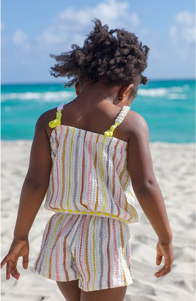 NESSI BYRD Vibrant Vertical Stripe Beach Romper with Braided Yellow Cord and Cinch Waist, Alternate, color, Beige