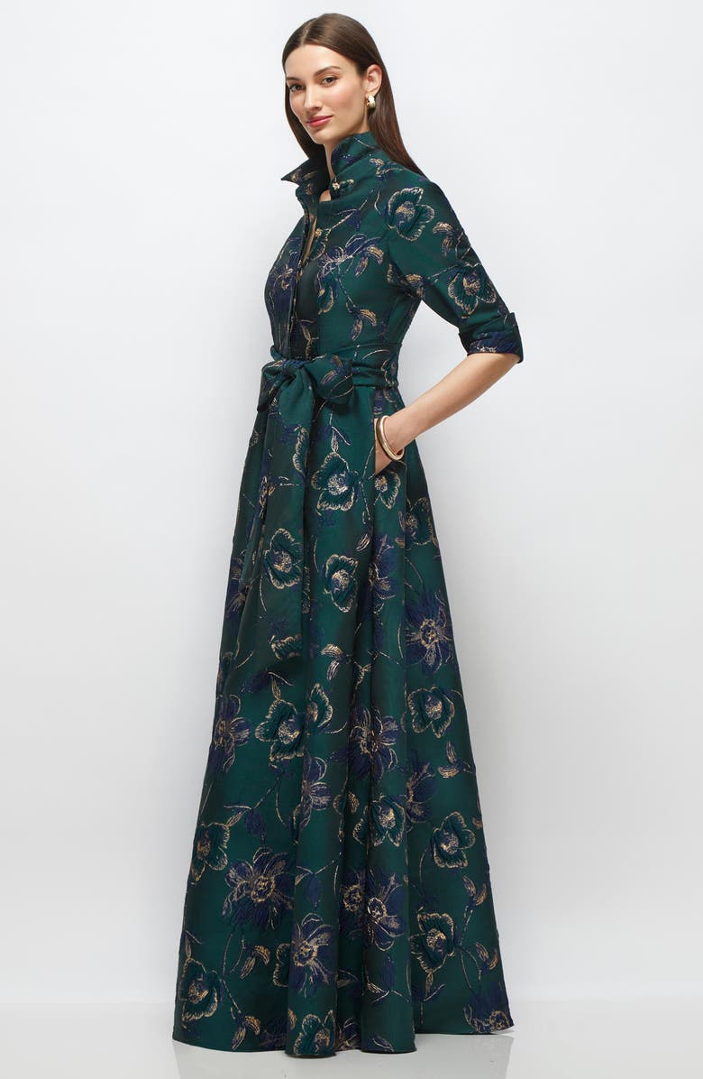 After Six Metallic Floral Jacquard Shirtdress Gown, Alternate, color, Evergreen Floral