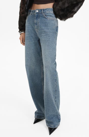 Mango Isla Rhinestone Embellished Wide Leg Jeans