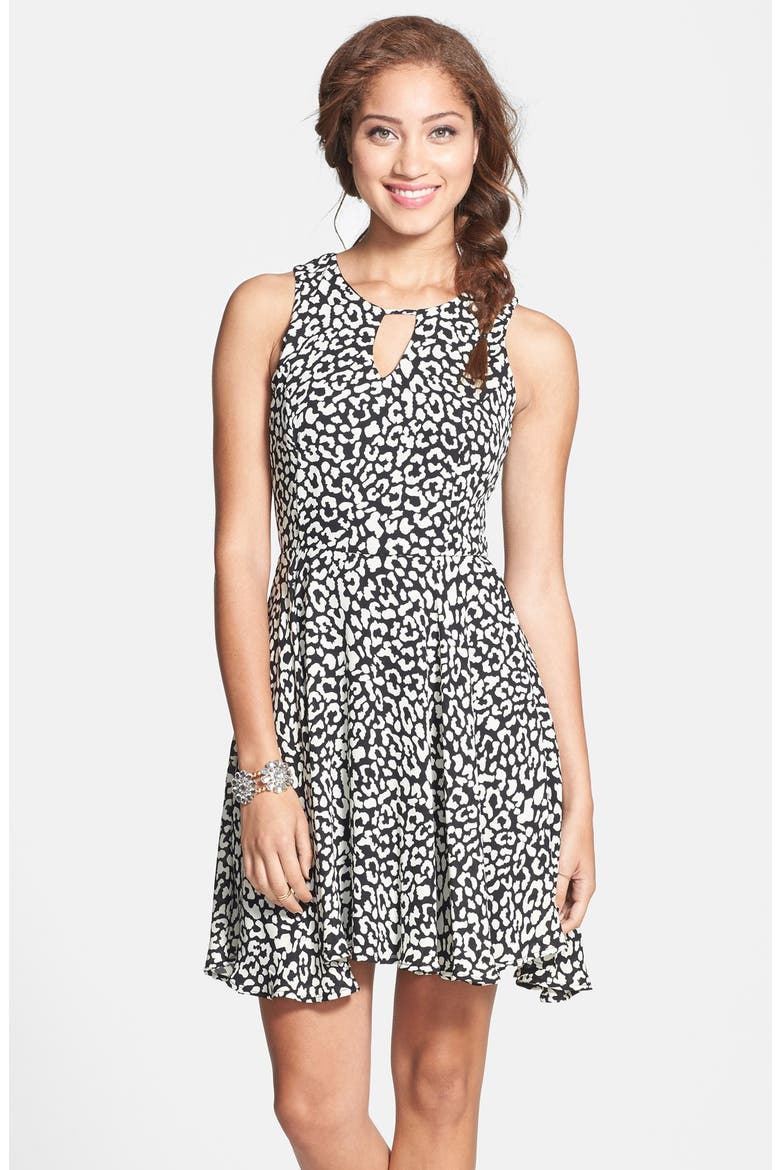 dee elle Print Keyhole Chiffon Skater Dress, Alternate, color, LEOPARD