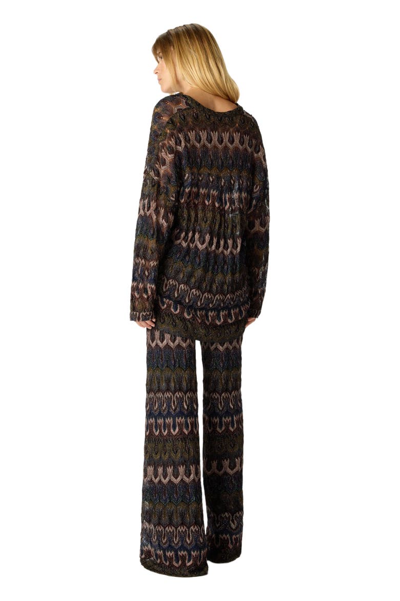 Oversized Blouse In Viscose Lamé With Arabesque Motif, Alternate, color, Brown