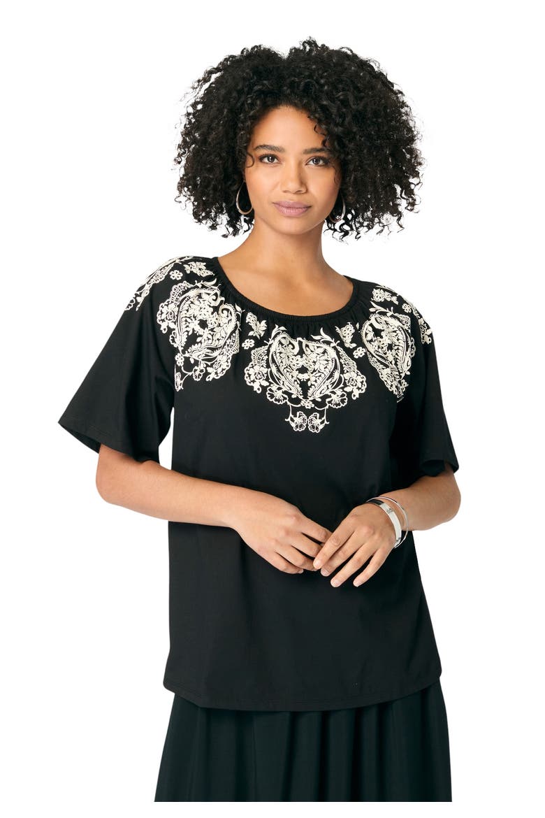 Ruffle Printed Tunic, Main, color, BLACK IVORY PAISLEY