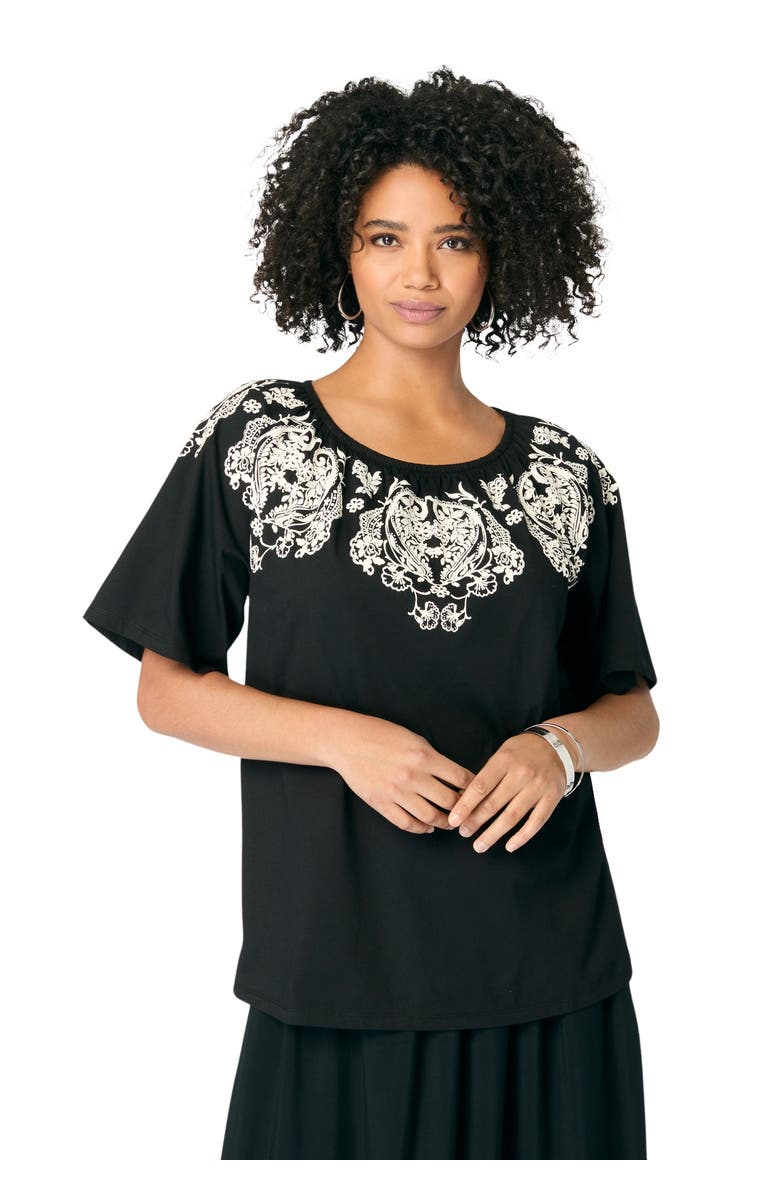 Roaman's Ruffle Printed Tunic, Main, color, Black Ivory Paisley