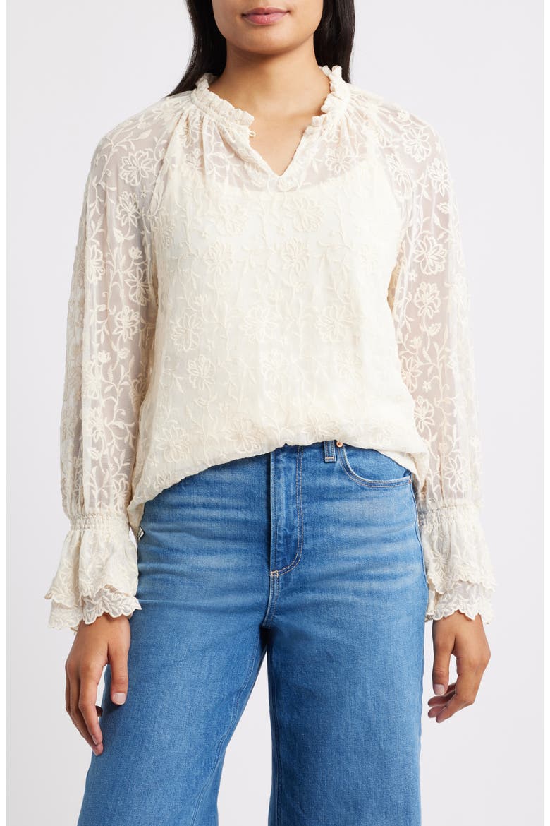 Floral Embroidery Mesh Top, Main, color, BLANCHED ALMOND