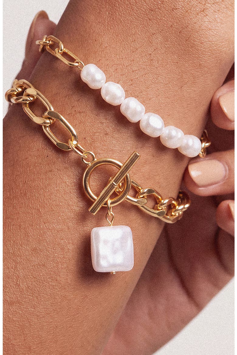 Imitation Pearl Chain Bracelet Set, Alternate, color, GOLD