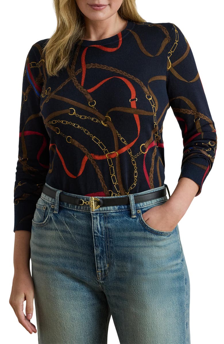 Lauren Ralph Lauren Belting Print Cotton Blend Sweater, Main, color, Navy Multi