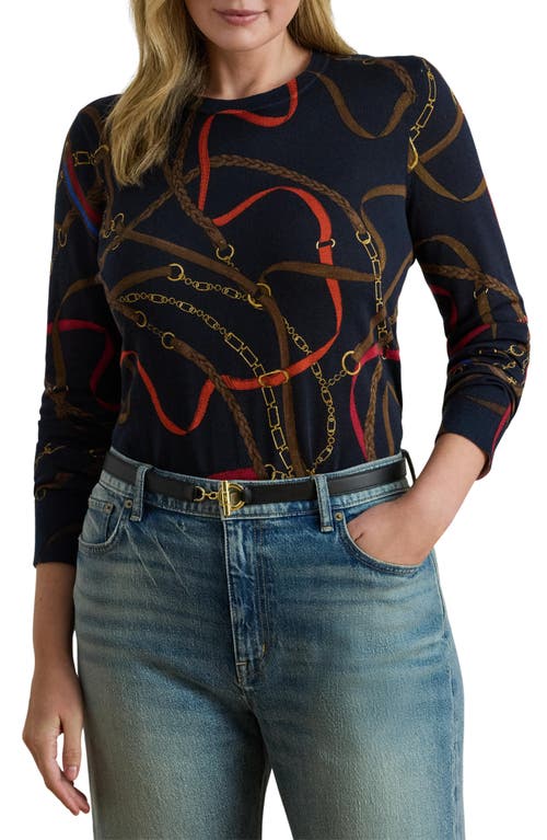 Ralph Lauren Lauren  Belting Print Cotton Blend Sweater In Blue