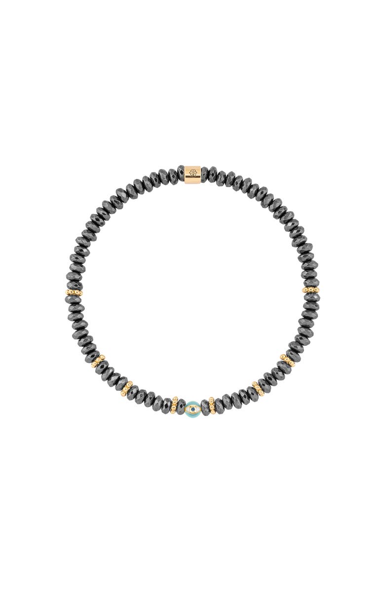 Karma and Luck Hematite Evil Eye Charm Beaded Bracelet Earth Guardian, Main, color, Dark Grey/Gold/Turquoise/White