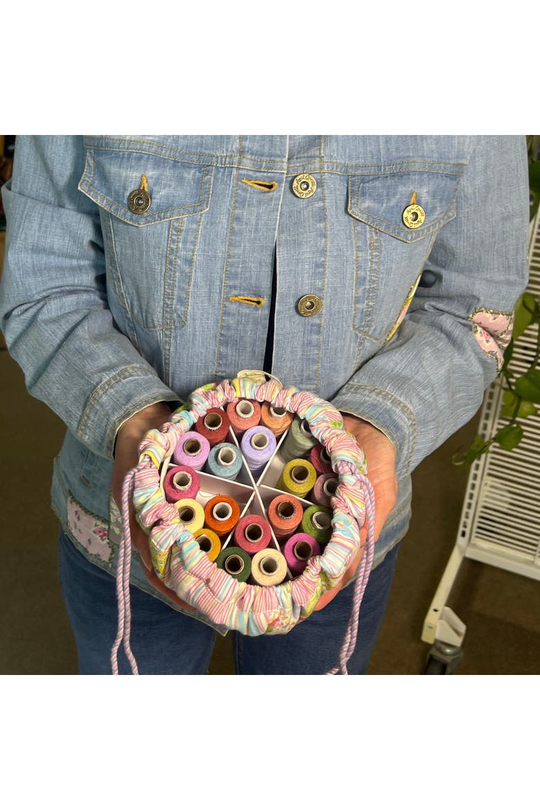 Garden Collage Patchwork Drawstring Sewing Bag + 20 Spools of Thread, Alternate, color, Green