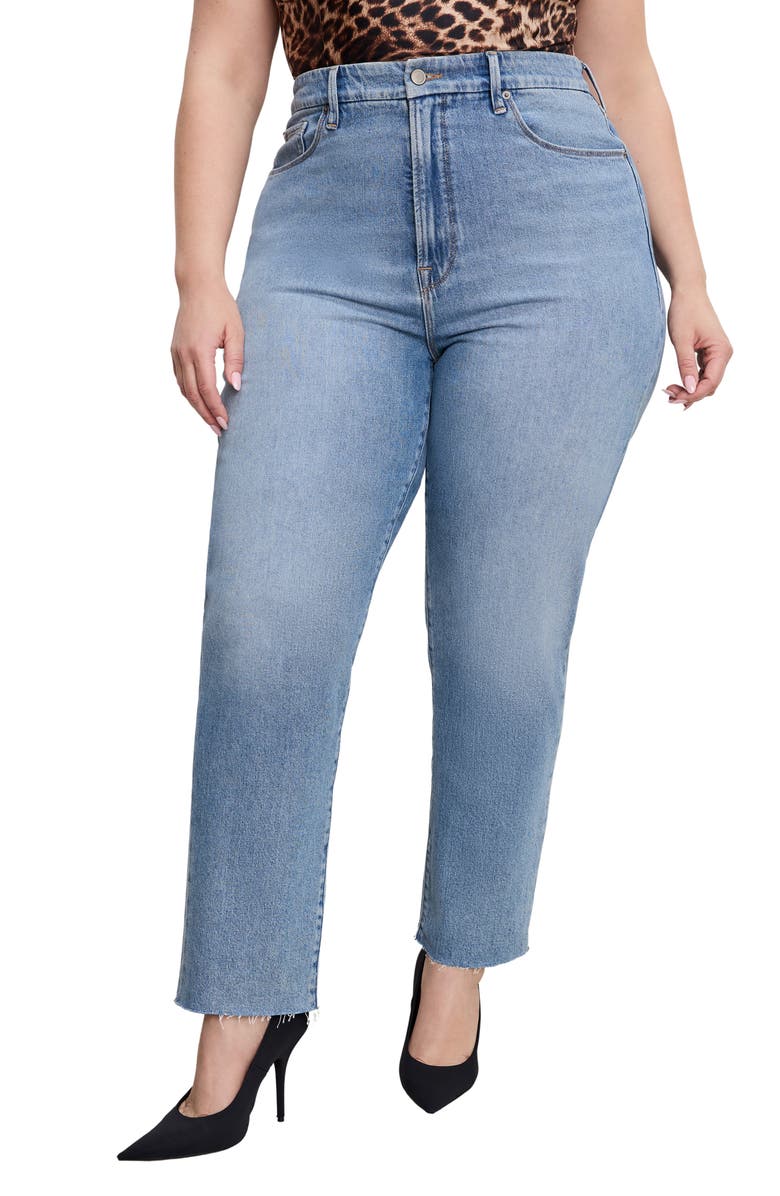 Good American Good Boy Raw Hem High Waist Ankle Straight Leg Jeans, Alternate, color, Indigo766