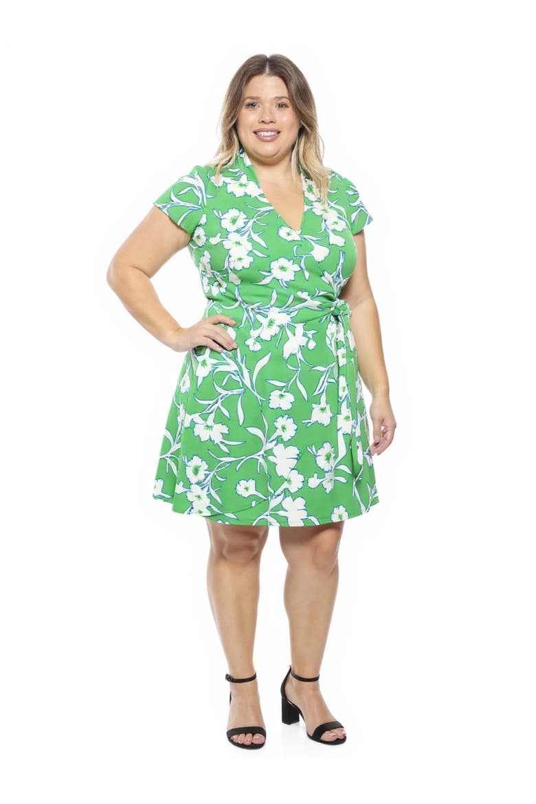 Plus Size Floral Collar Knee Length Side Tie Wrap Dress, Alternate, color, Green Multi