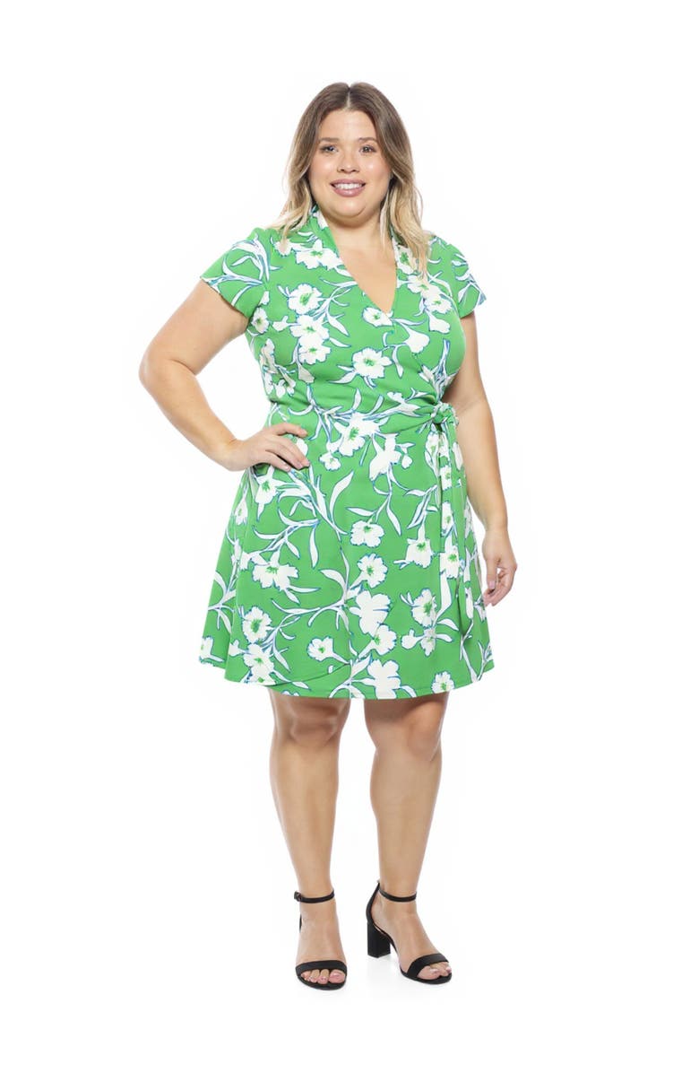 24seven Comfort Apparel Plus Size Floral Collar Knee Length Side Tie Wrap Dress, Alternate, color, Green Multi