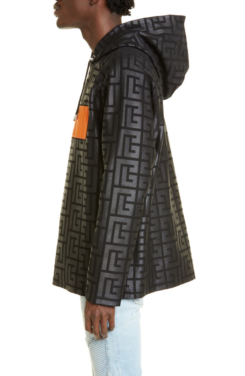 Balmain Men's Embossed Monogram Pullover Hoodie, Alternate, color, Noir Orange