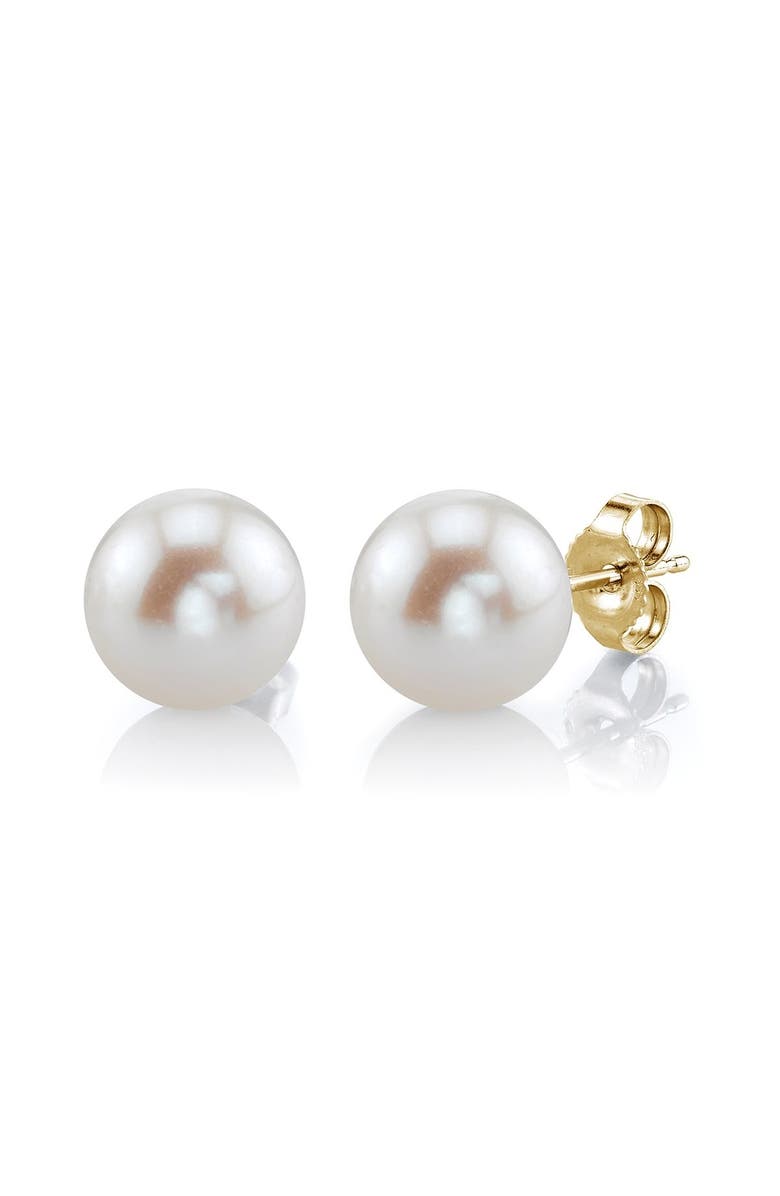 The Pearl Source Freshwater Round Pearl Stud Earrings 8mm, Main, color, White Pearl - Yellow Gold