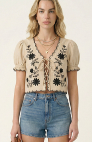 Modenaire Puff Sleeve Embroidered Front Tie Blouse