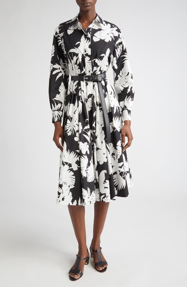 Max Mara Floral Silhouette Print Long Sleeve Cotton Poplin Midi Shirtdress, Main, color, Black