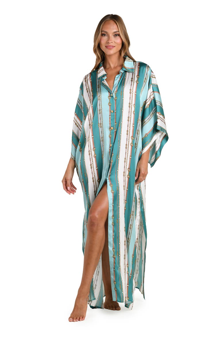 Wrena Belt Stripe Satin Maxi Cover-Up Shirtdress, Alternate, color, GREEN MULTI