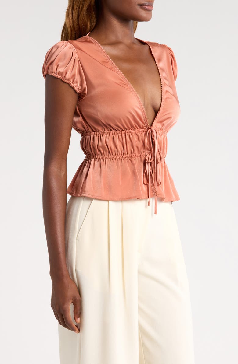 WAYF Jolie Smocked Tie Front Top, Alternate, color, Sienna