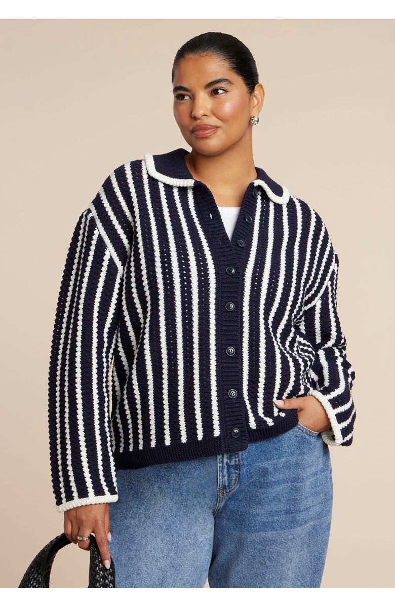 ELOQUII Striped Cardigan, Main, color, Maritime Blue Stripe