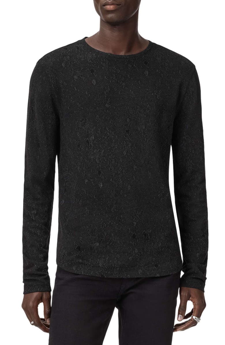 John Varvatos Vera Distressed Jacquard Long Sleeve Crewneck T-Shirt, Main, color, Black