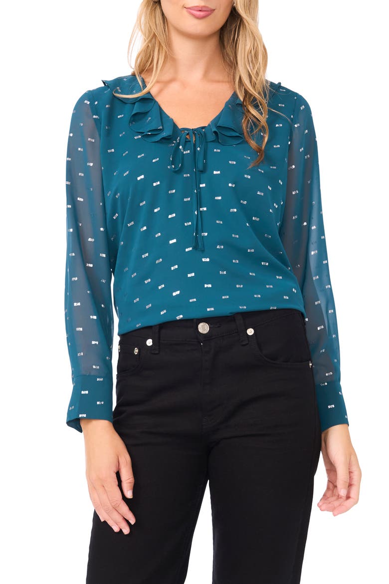 Long Sleeve V-Neck Ruffle Top, Main, color, DEEP TEAL