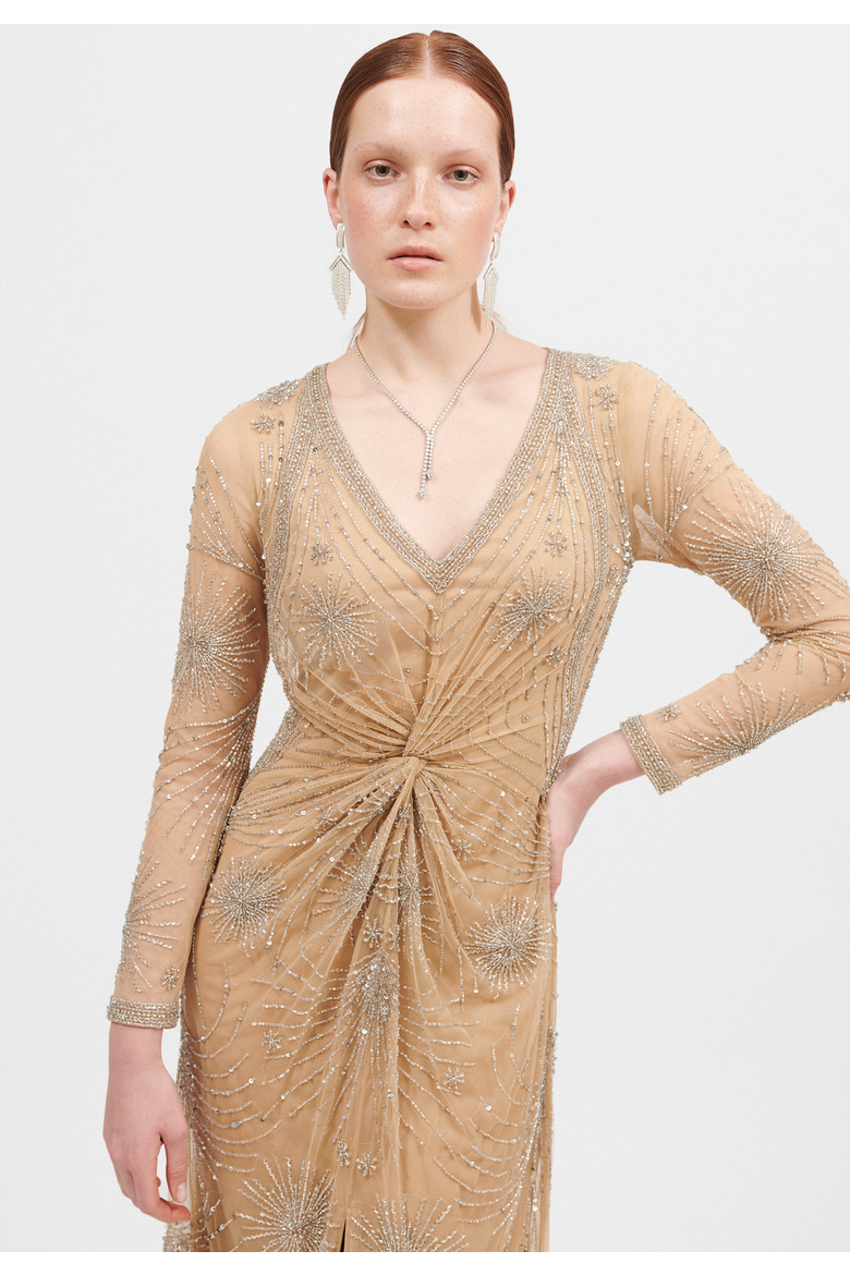 Embellished Sequin Beaded Maxi Dress With V-Neck, Alternate, color, TAUPE BLUSH