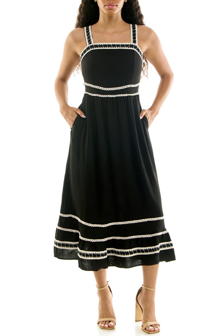 Lace Trim Fit & Flare Midi Dress, Main, color, BLACK