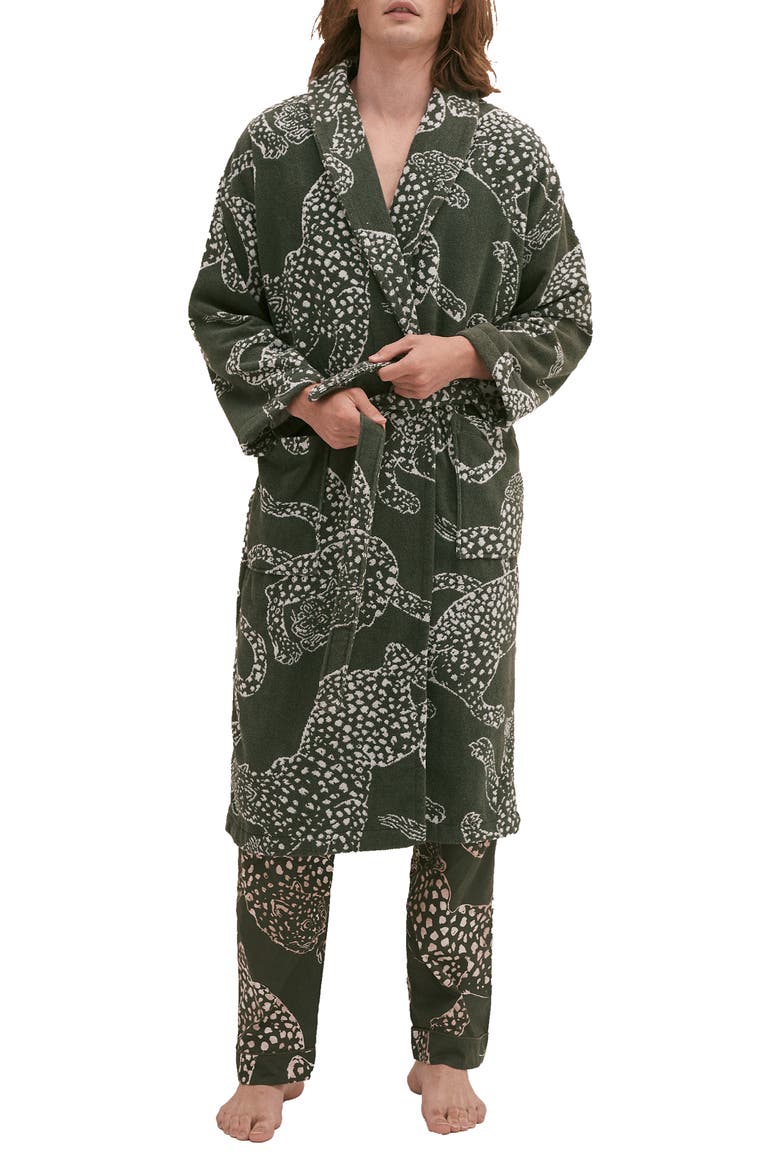 Print Cotton Terry Cloth Robe, Alternate, color, GREEN