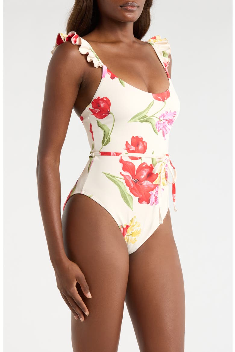 Materson Belted Ruffle One-Piece Swimsuit, Alternate, color, IVORY/ MULTI