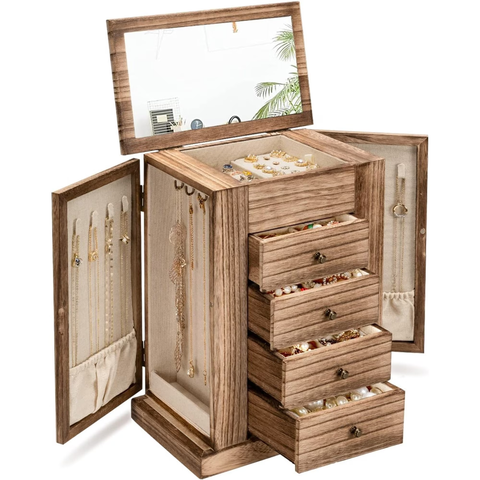 Rustic Torched‑Finish Solid Wood Tabletop Jewelry Armoire