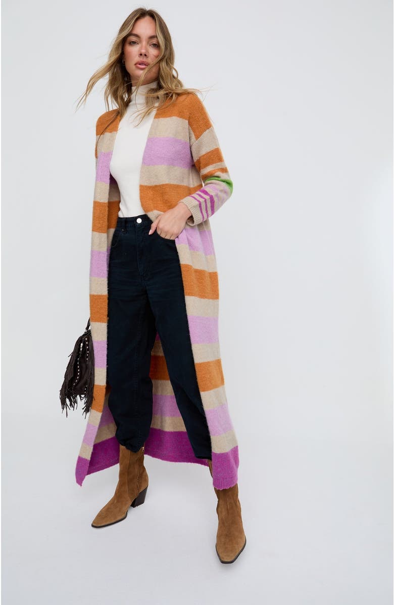Raffya Blondie Long Line Rugby Stripe Cardigan, Alternate, color, Multi