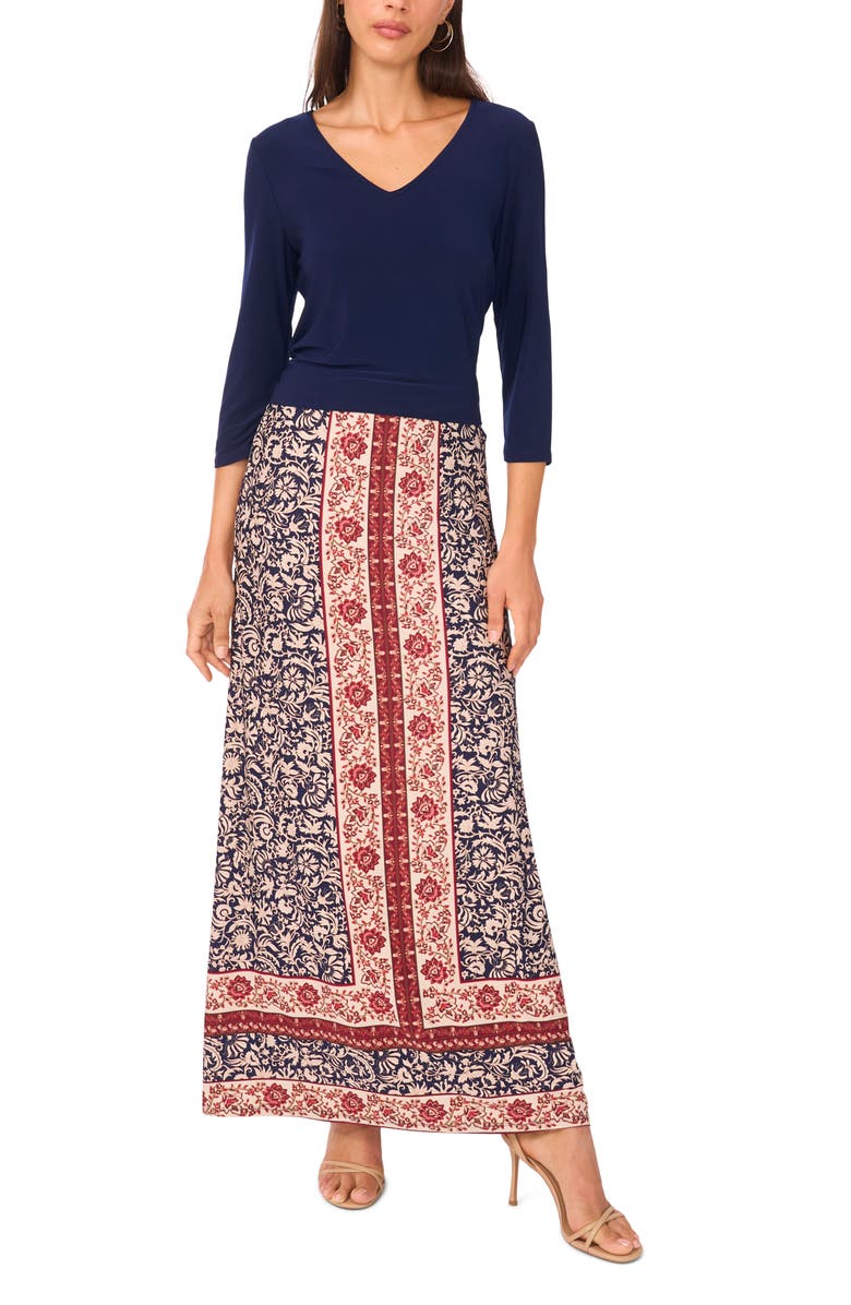 Vince Camuto Floral Border A-Line Skirt, Alternate, color, Classic Navy