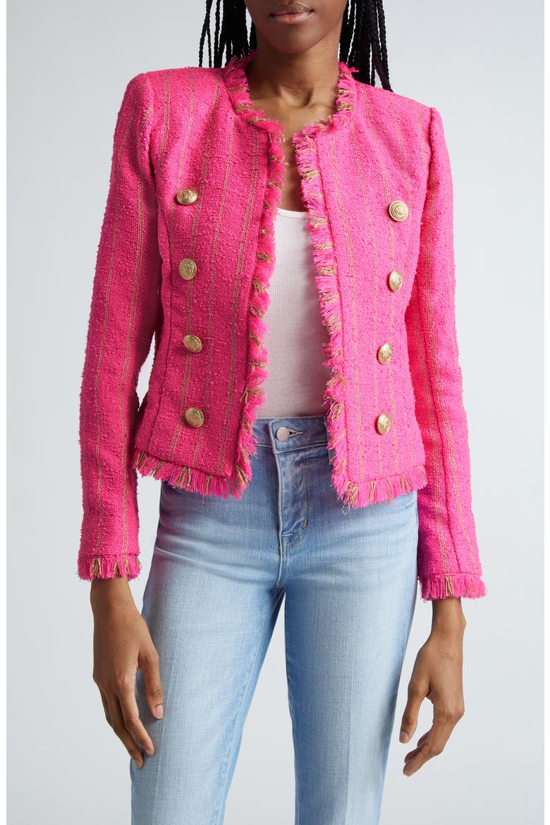 Tinlee Tweed Jacket, Main, color, SHOCKING PINK/ GOLD STRIPE
