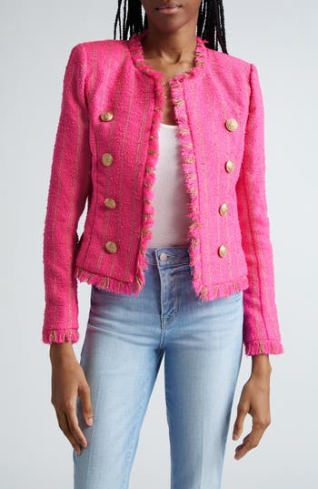 L Agence Tinlee Tweed Jacket In Shocking Pink/gold Stripe