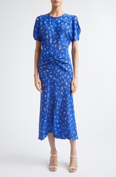 Bela Floral Ruched Silk Midi Dress