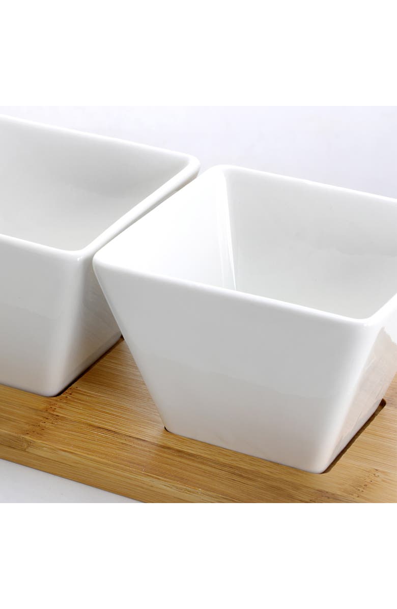 Elama Signature Modern 5pc Appetizer and Condiment Server with 4 Serving Dishes and a Wood Serving Black, Alternate, color, White