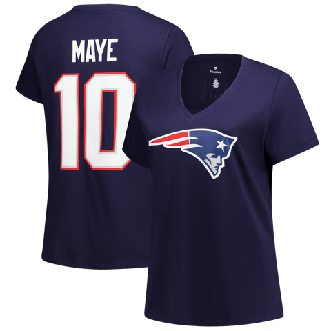 Women's Fanatics Drake Maye Navy New England Patriots Plus Size Name & Number V-Neck T-Shirt